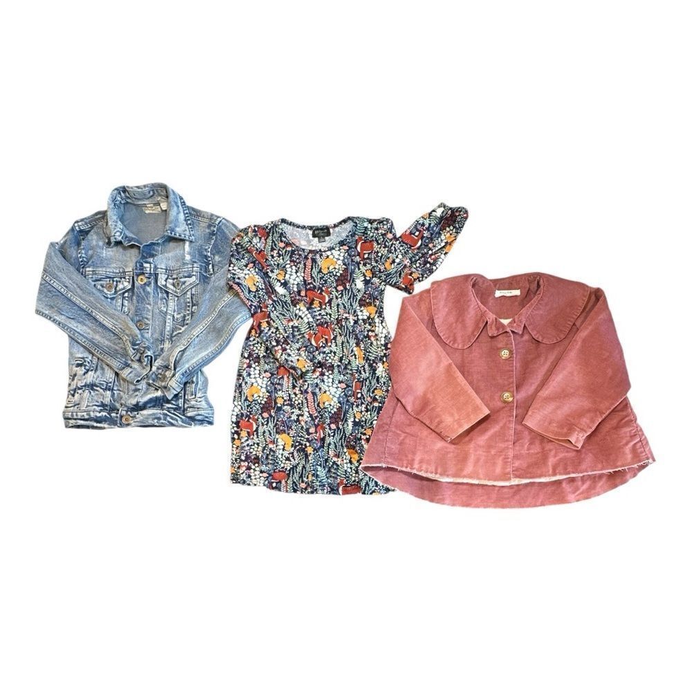 Bundle of 3 Girls-Distressed Jean Jacket Size 6, Corduroy Jacket & Dress Size 5